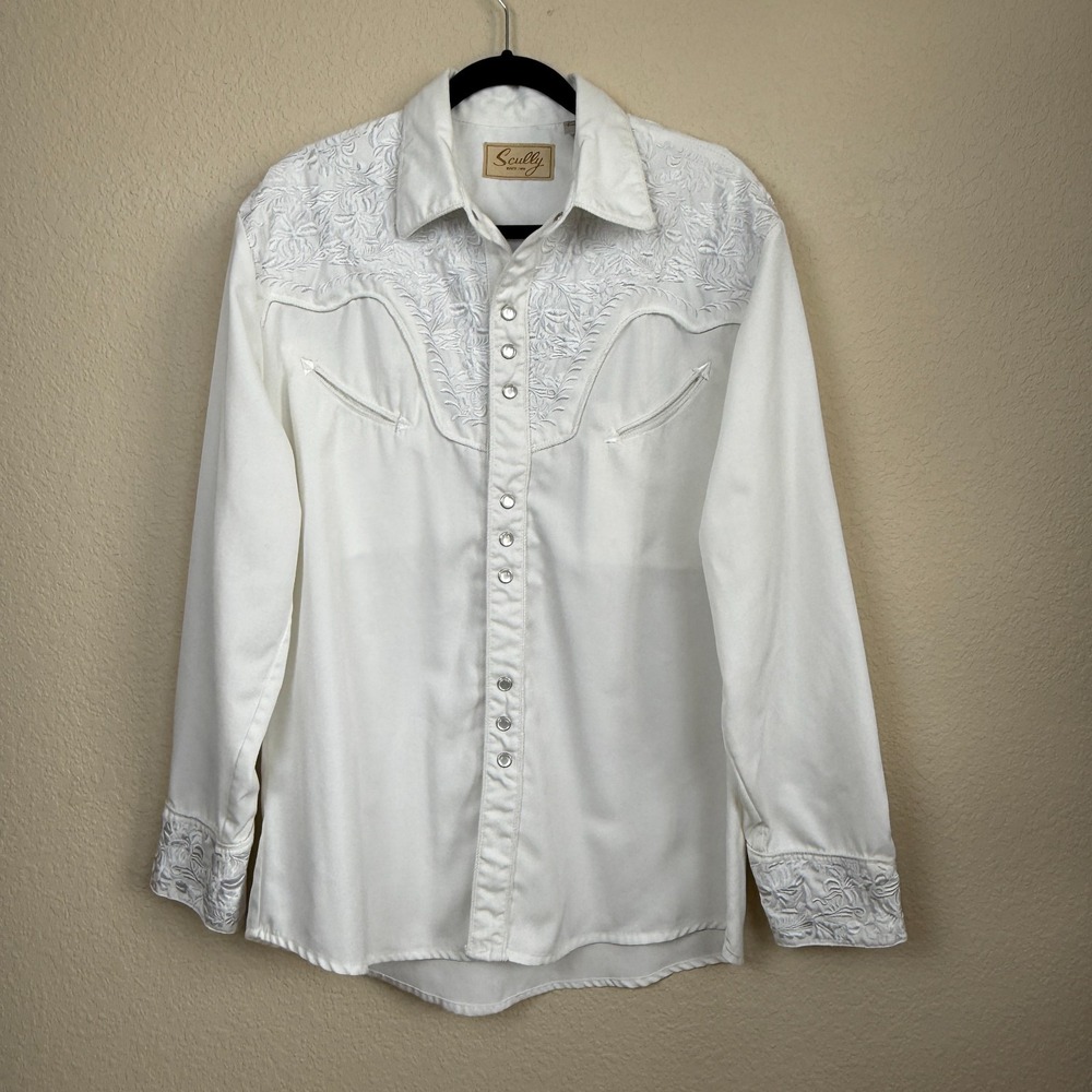 Women's Scully F-644 White Embroidered Western Shirt Pearl Snap Barrel Sleeve M